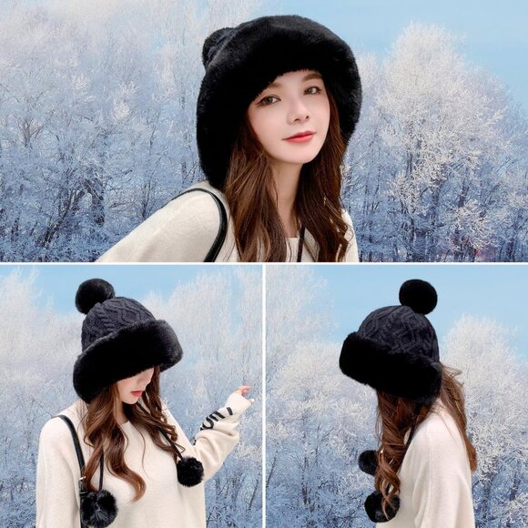 Women's Fur Hat with Pompom Winter Knit Beanie Russian Ushanka Trapper Ear Cover - Picture 2 of 7